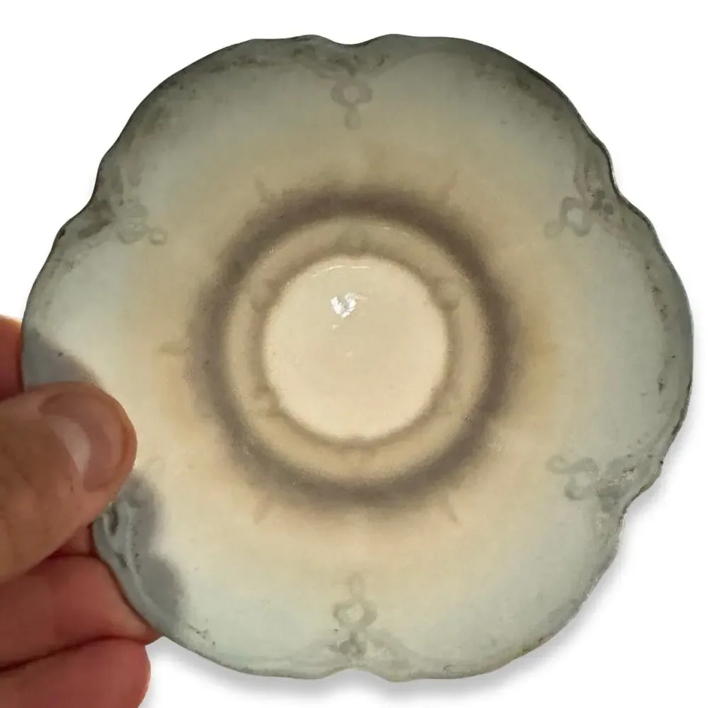 Antique Blue White Porcelain Footed Cup Saucer Embossed Lobed Scalloped